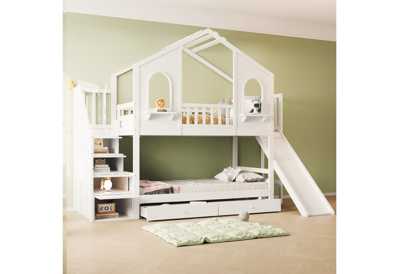 Flieks Etagenbett, Kinderbett Hausbett 90x200cm mit Stauraumtreppe, Rutsche, 2 Schubladen – Bild 2 von 5