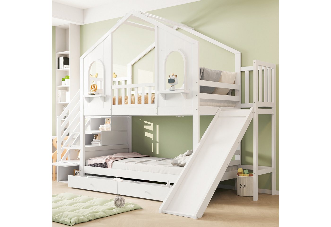 Flieks Etagenbett, Kinderbett Hausbett 90x200cm mit Stauraumtreppe, Rutsche, 2 Schubladen – Bild 3 von 5