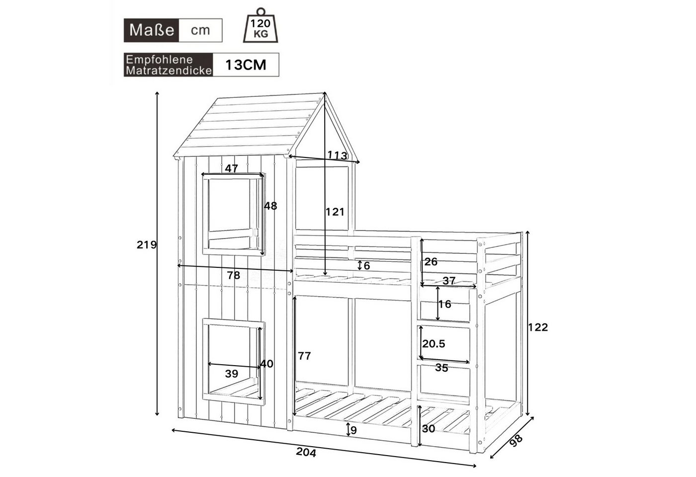 Flieks Etagenbett, Hochbett mit Treppe Hausbett Kinderbett 200x90cm Kiefer – Bild 5 von 5