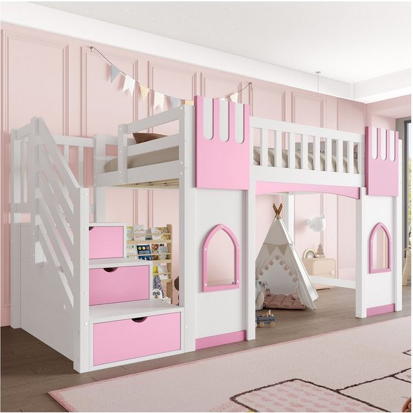 Flieks Etagenbett, Hochbett Fenster-Design 90x200cm mit Rausfallschutz und Stauraumtreppe