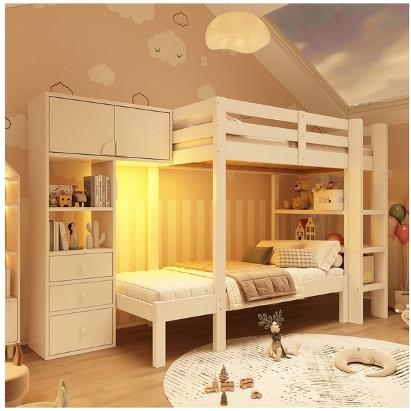 Flieks Etagenbett, Kinderbett 90x200cm mit intelligentem Nachtlicht, Schrank und Regal