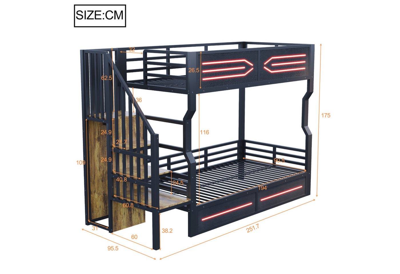 Flieks Etagenbett, Metallbett Kinderbett 90×200cm mit LED-Beleuchtung und Stauraumtreppe – Bild 4 von 5