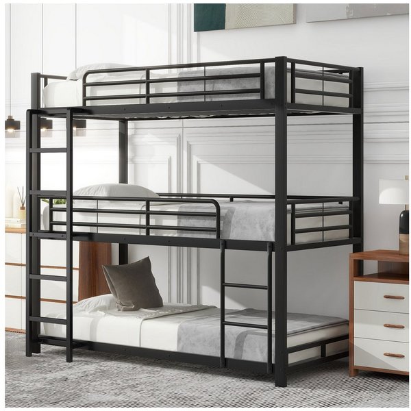 Flieks Etagenbett, Einzelbett Kinderbett Metallbett Dreierbett mit Lattenrost 90x200cm