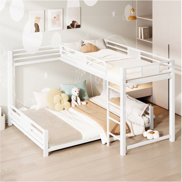 Flieks Etagenbett, L-förmiges Kinderbett Metallbett 90x200+140x200cm