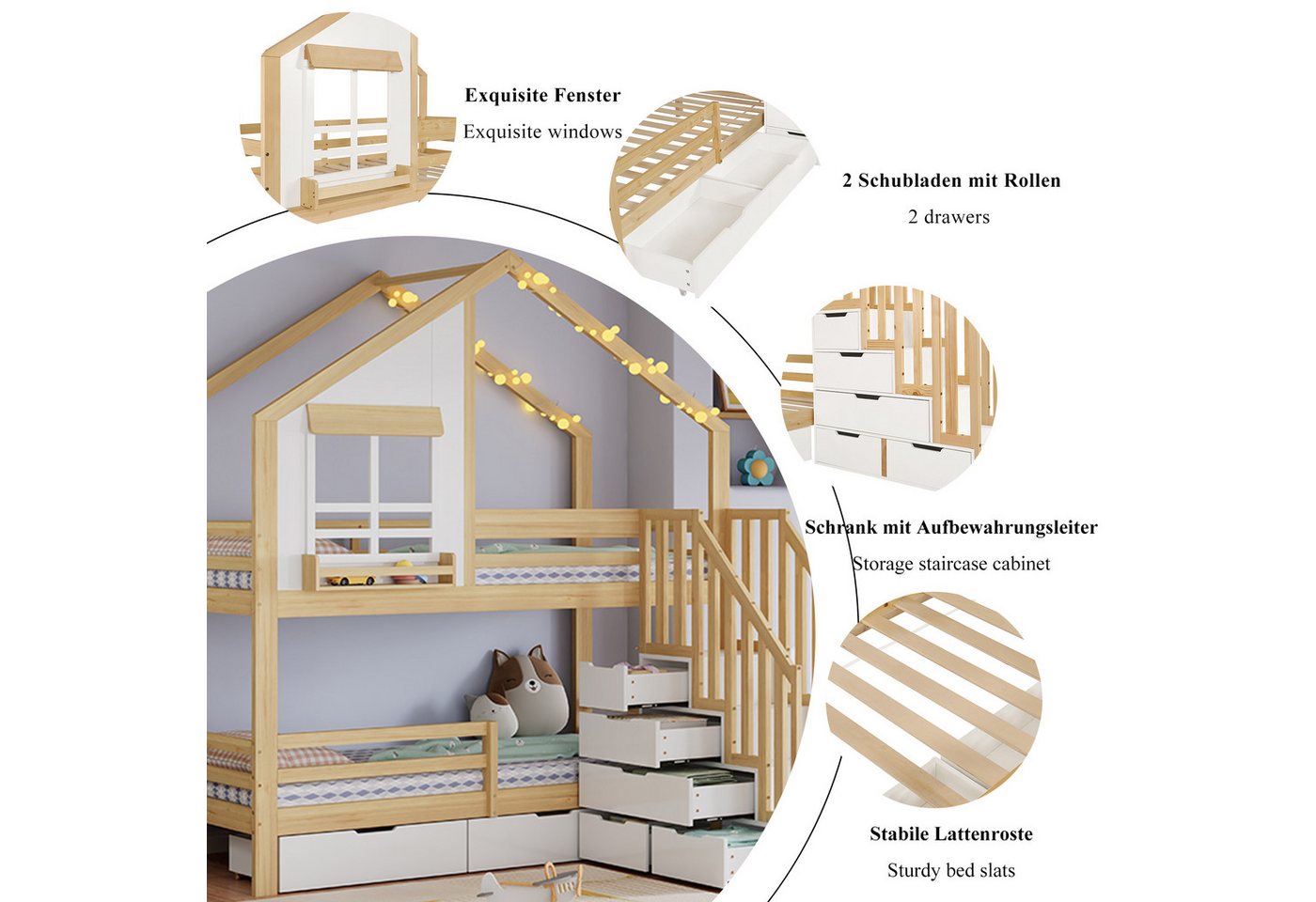 Flieks Etagenbett, Hausform Kinderbett 90x200cm mit Schubladen & Fenster & Stauraumtreppe – Bild 4 von 5