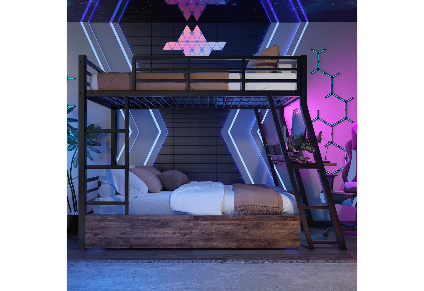 Flieks Etagenbett, LED Metallbett 90x200cm mit Rausfallschutz, Schreibtisch, Schubladen – Bild 2 von 5