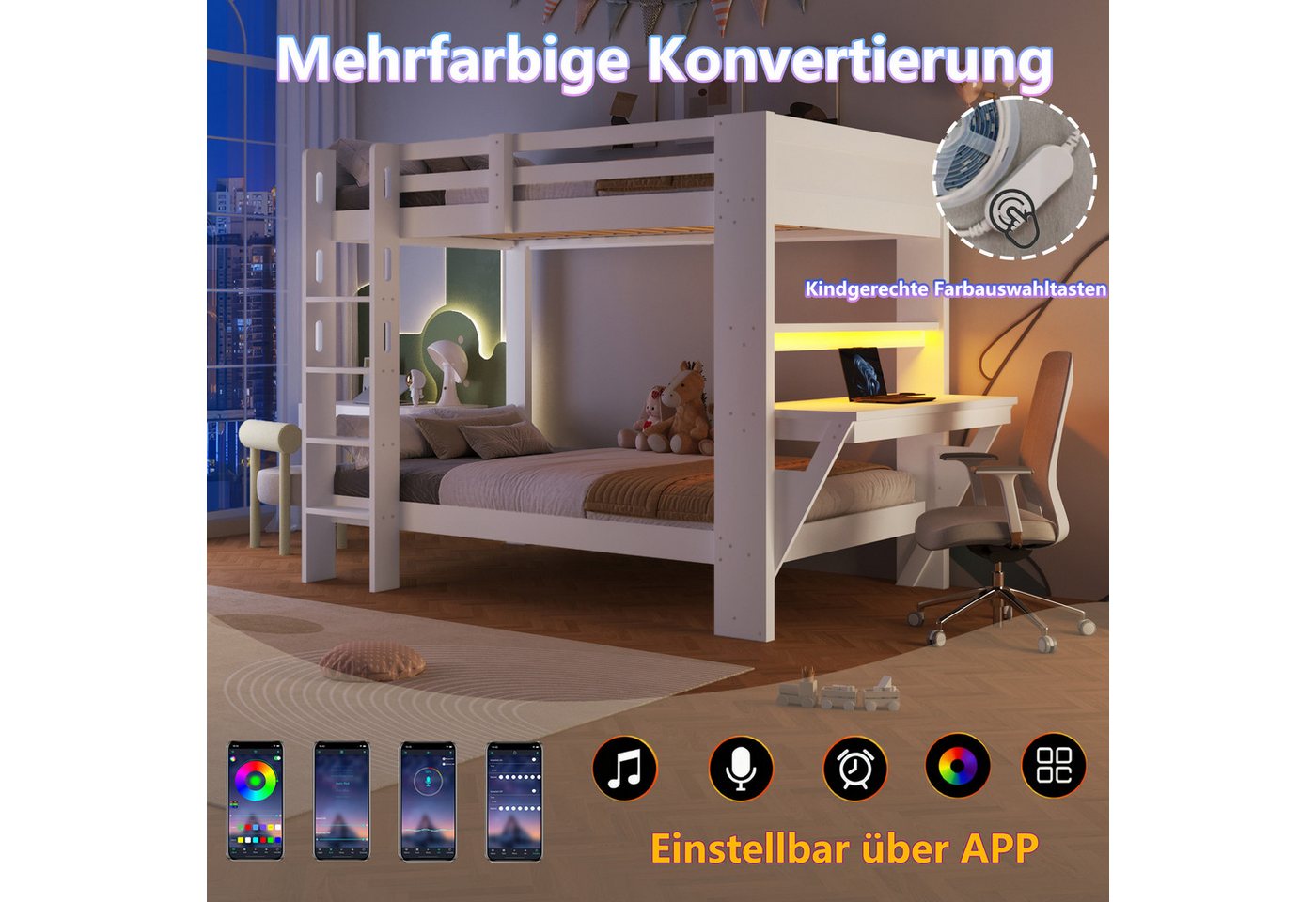 Flieks Etagenbett, Kinderbett 90x200cm, Schreibtisch mit LED-Beleuchtung und Aufladen – Bild 3 von 5