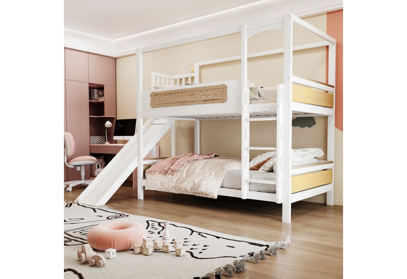 Flieks Etagenbett, Kinderbett 90x200cm mit keksförmigen Schutzgittern, Rutsche und Leiter – Bild 3 von 5
