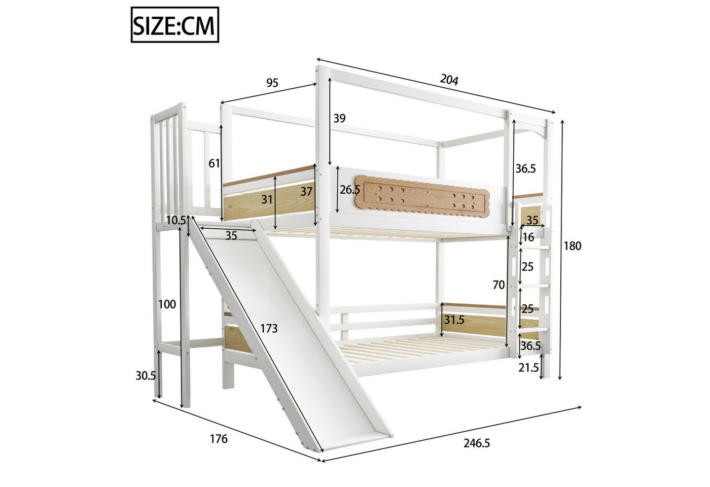 Flieks Etagenbett, Kinderbett 90x200cm mit keksförmigen Schutzgittern, Rutsche und Leiter – Bild 4 von 5