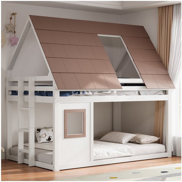 Flieks Etagenbett, Hausbett Kinderbett 140x200cm mit Dach, Fenster und Leiter