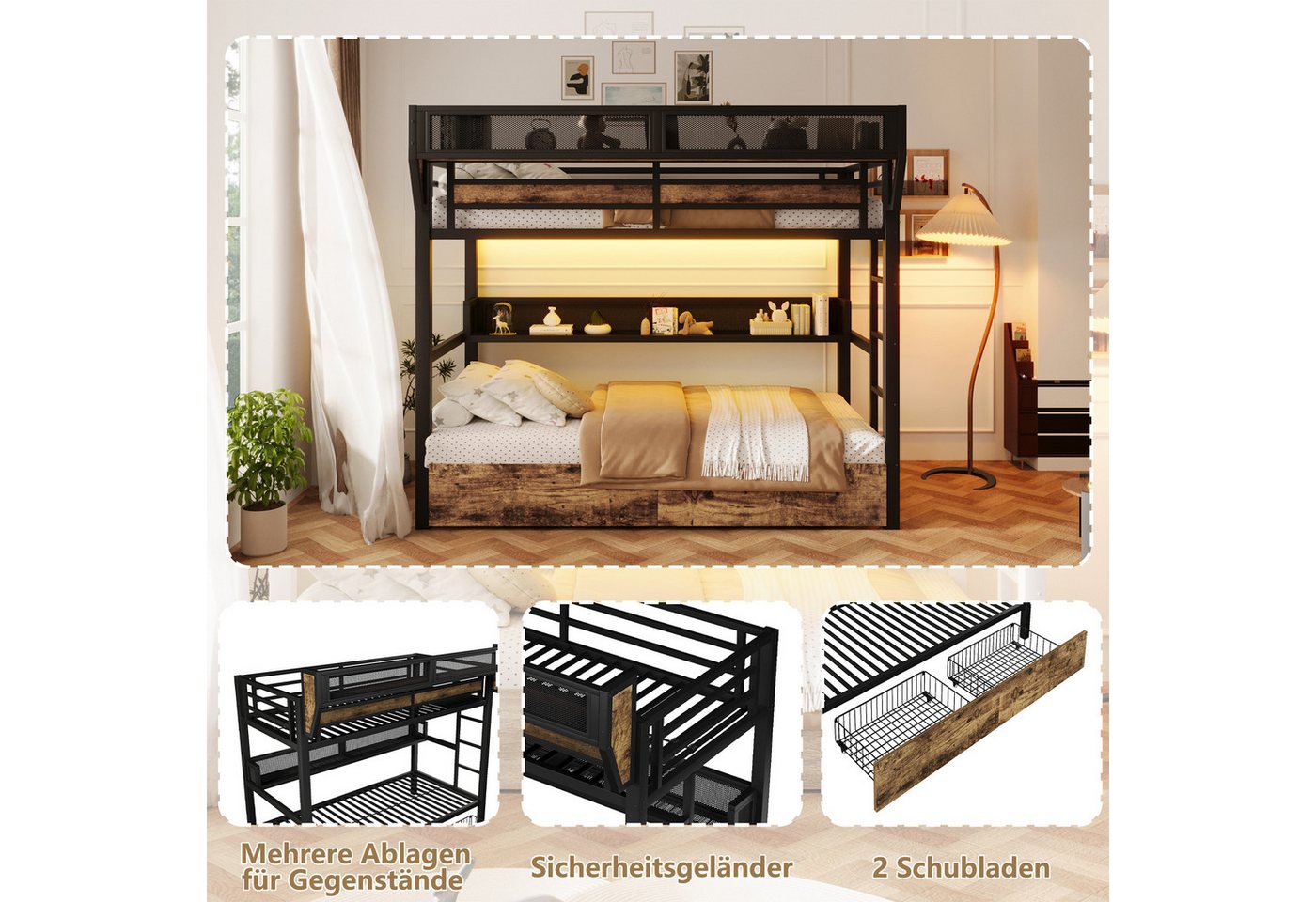 Flieks Etagenbett, Metallbett 90x200cm mit Schubladen LED-Beleuchtung Aufbewahrungskorb – Bild 5 von 5