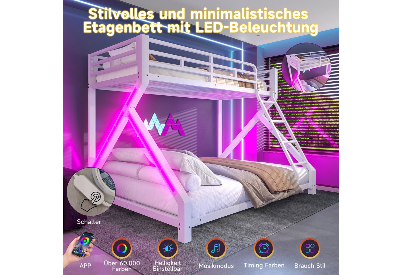 Flieks Etagenbett, Kinderbett Metallbett 90/140x200cm mit LED-Lichtleiste Schrägleiter – Bild 4 von 5