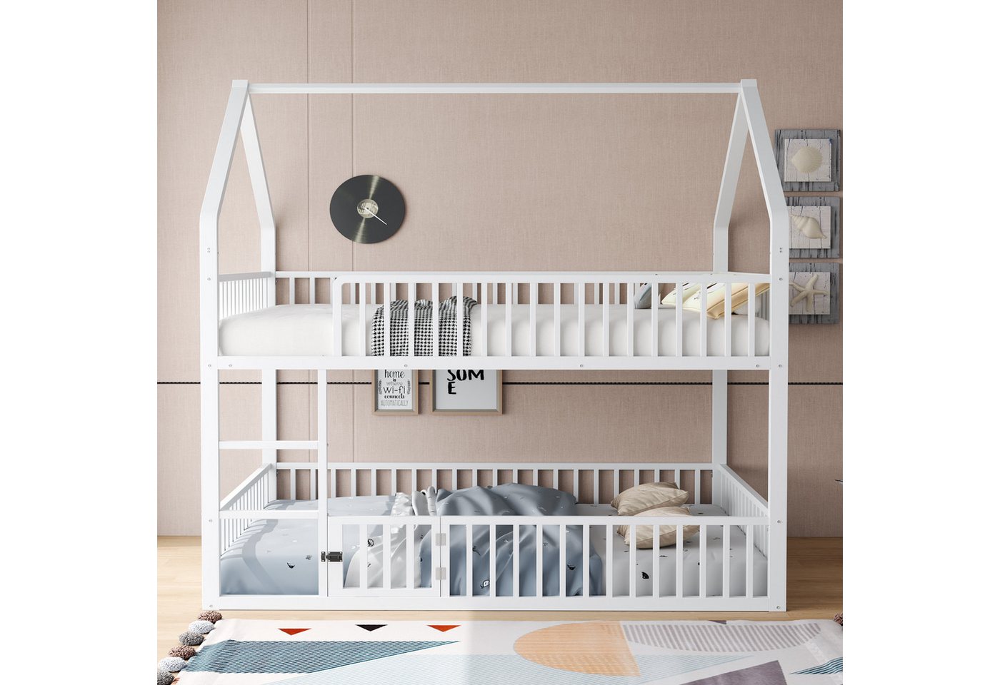 Flieks Etagenbett, Metallbett Hochbett Hausbett 140x200cm mit Leiter & oberem Lattenrost – Bild 2 von 5