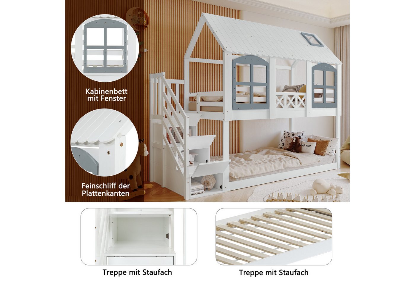 Flieks Etagenbett, Kinderbett 90x200cm mit Stauraumtreppe, Fallschutz, Dach und Fenster – Bild 4 von 5