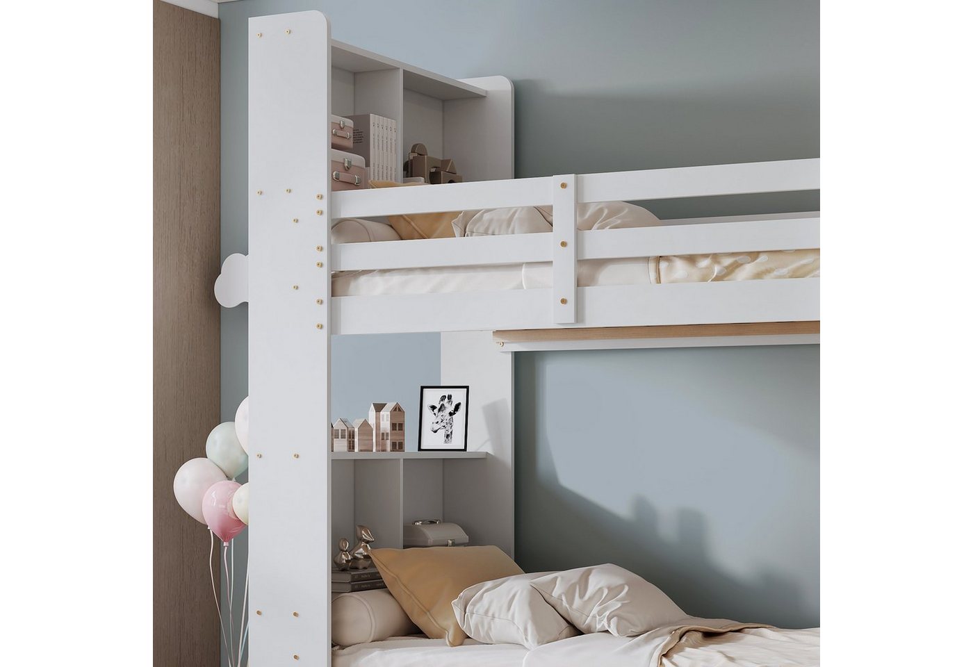 Flieks Etagenbett, Kinderbett mit Stauraumregalen und rechtwinkliger Leiter 90x200cm – Bild 3 von 5