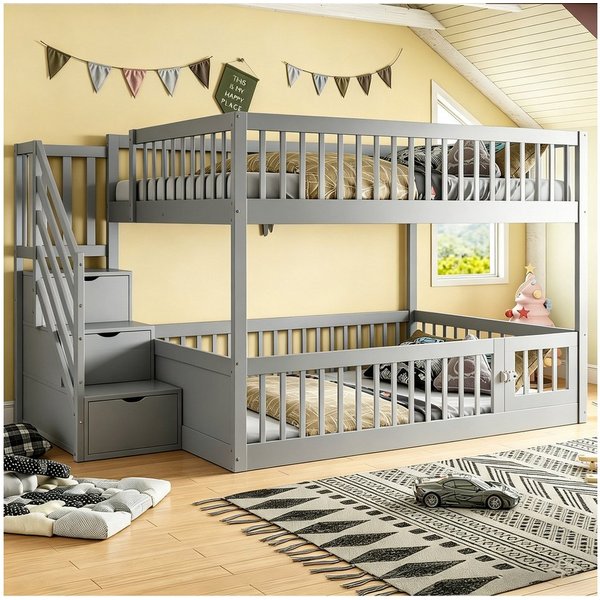 Flieks Etagenbett, Kinderbett 140x200cm mit Stauraumtreppe und oberem Lattenrost