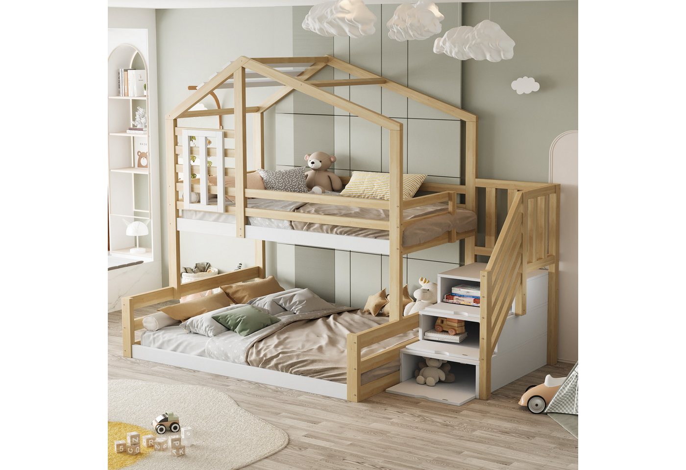 Flieks Etagenbett, Kinderbett 90x200cm+140x200cm mit Haus-Fenster-Design, Stauraumtreppe – Bild 2 von 5