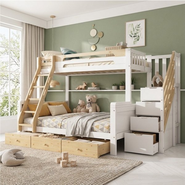 Flieks Etagenbett, Kinderbett 90/140x200cm mit Stauraumtreppe, Leiter, 3 Schubladen