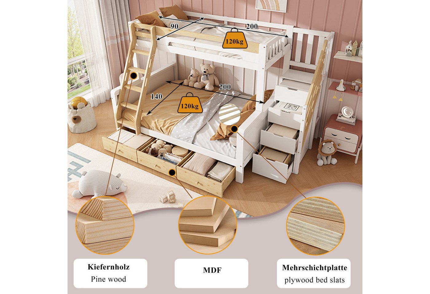 Flieks Etagenbett, Kinderbett 90/140x200cm mit Stauraumtreppe, Leiter, 3 Schubladen – Bild 5 von 5