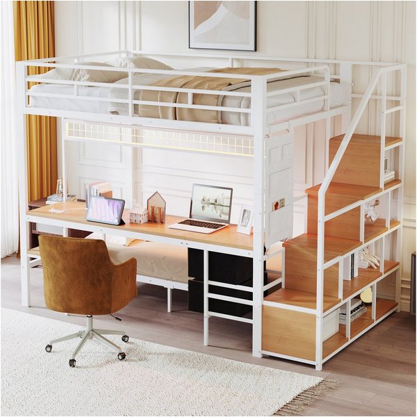 Flieks Etagenbett, Kinderbett Metallbett 90/140x200cm mit Schreibtisch & LED & Steckdose