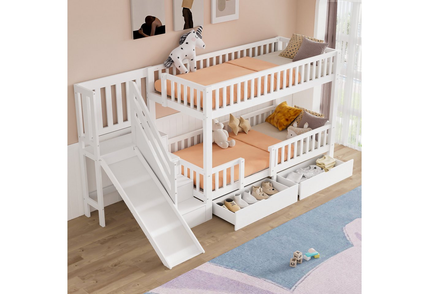 Flieks Etagenbett, Kinderbett Etagenbett mit 2 Schubladen, Rutsche und Treppe 90x200cm – Bild 4 von 5