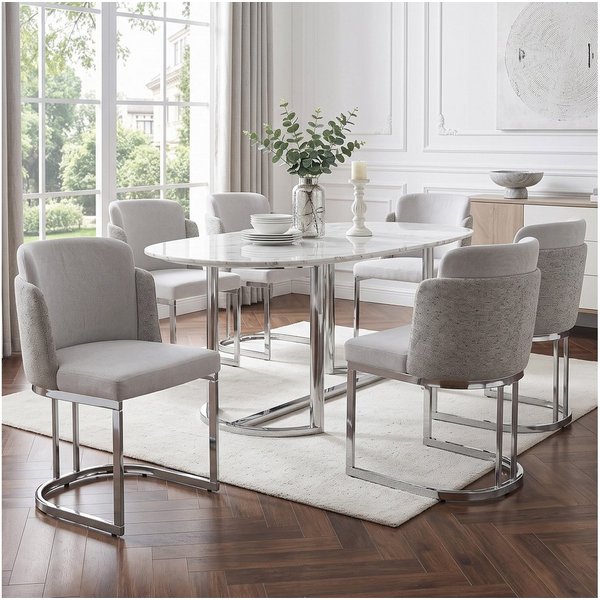 Flieks Freischwinger Bezug aus Chenille-Stoff, galvanisierte Metallbeine (mit verstellbaren Fußpolstern, Set, 6 St), 6er Set Esszimmerstühle Polsterstühle mit d