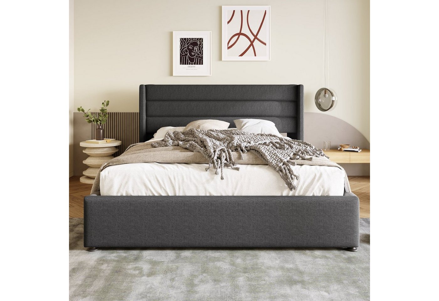 Flieks Funktionsbett cozy, Polsterbett Stauraumbett Hydraulisches Doppelbett Leinen 160x200cm – Bild 3 von 5