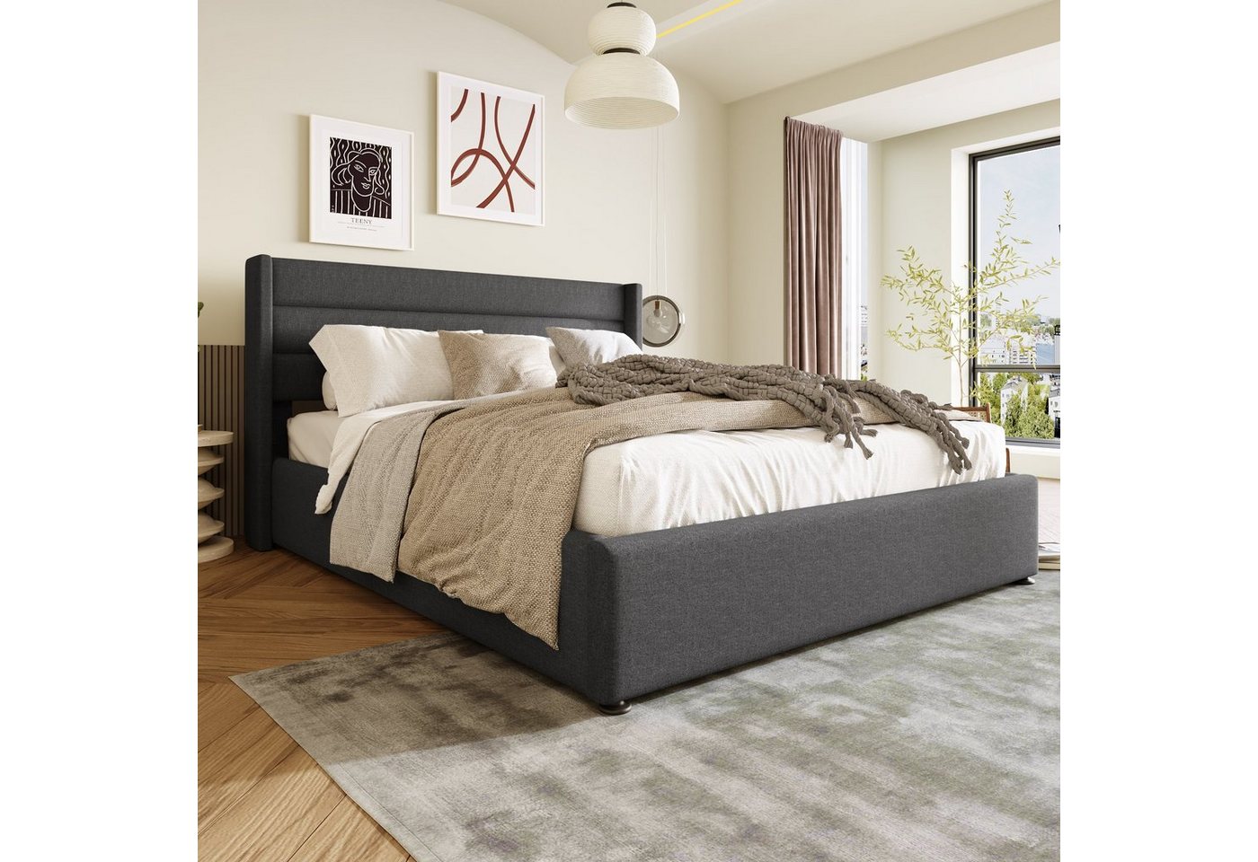 Flieks Funktionsbett cozy, Polsterbett Stauraumbett Hydraulisches Doppelbett Leinen 140x200cm – Bild 2 von 5