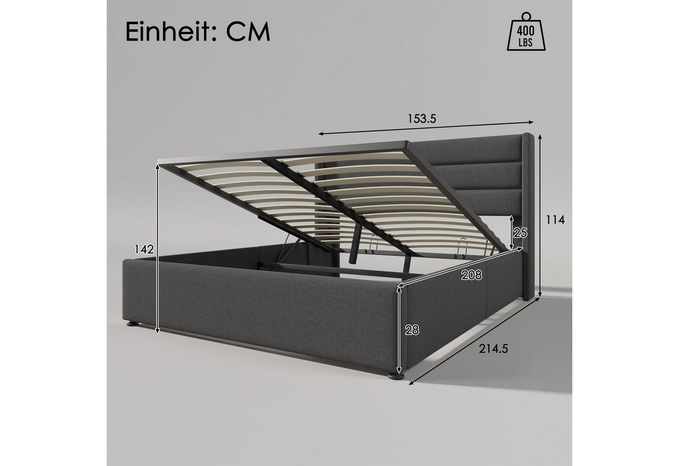 Flieks Funktionsbett cozy, Polsterbett Stauraumbett Hydraulisches Doppelbett Leinen 140x200cm – Bild 4 von 5