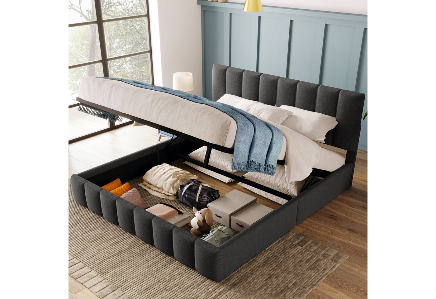 Flieks Funktionsbett, Hydraulisches Doppelbett Leinen ohne Matratze 140x200cm – Bild 2 von 5