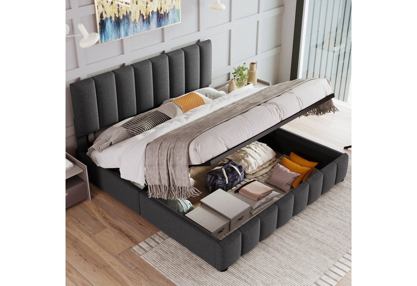 Flieks Funktionsbett, Hydraulisches Doppelbett Leinen ohne Matratze 140x200cm – Bild 3 von 5