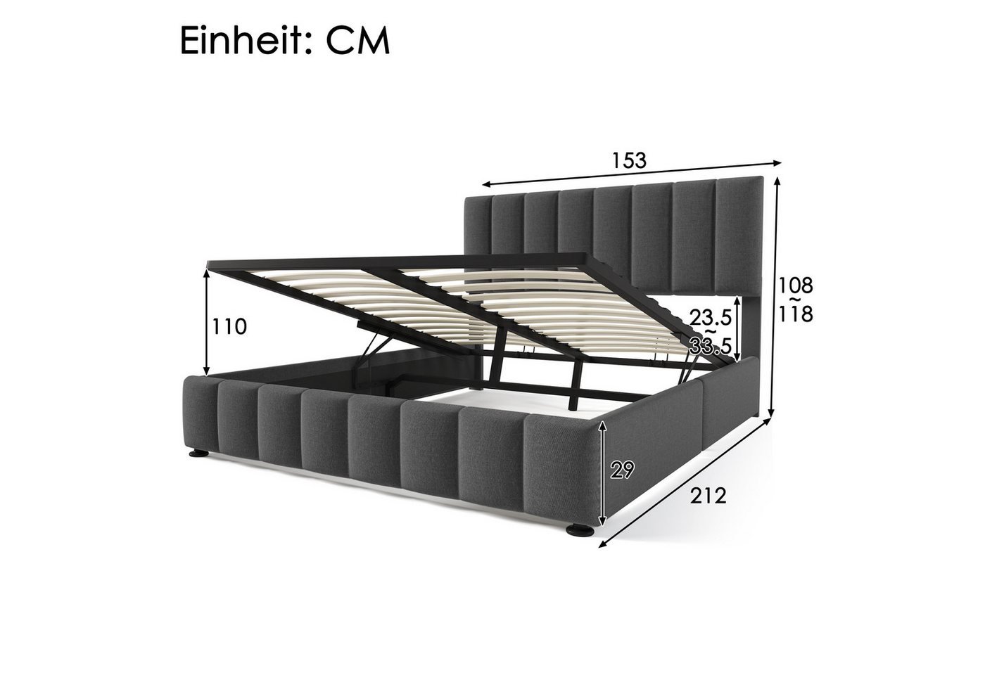 Flieks Funktionsbett, Hydraulisches Doppelbett Leinen ohne Matratze 140x200cm – Bild 5 von 5