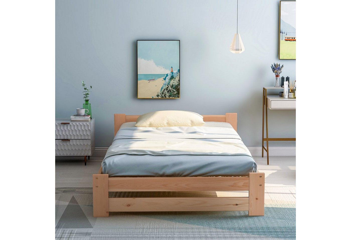 Flieks Futonbett, Einzelbett Massivholzbett mit Kopfteil und Lattenrost – Bild 2 von 5