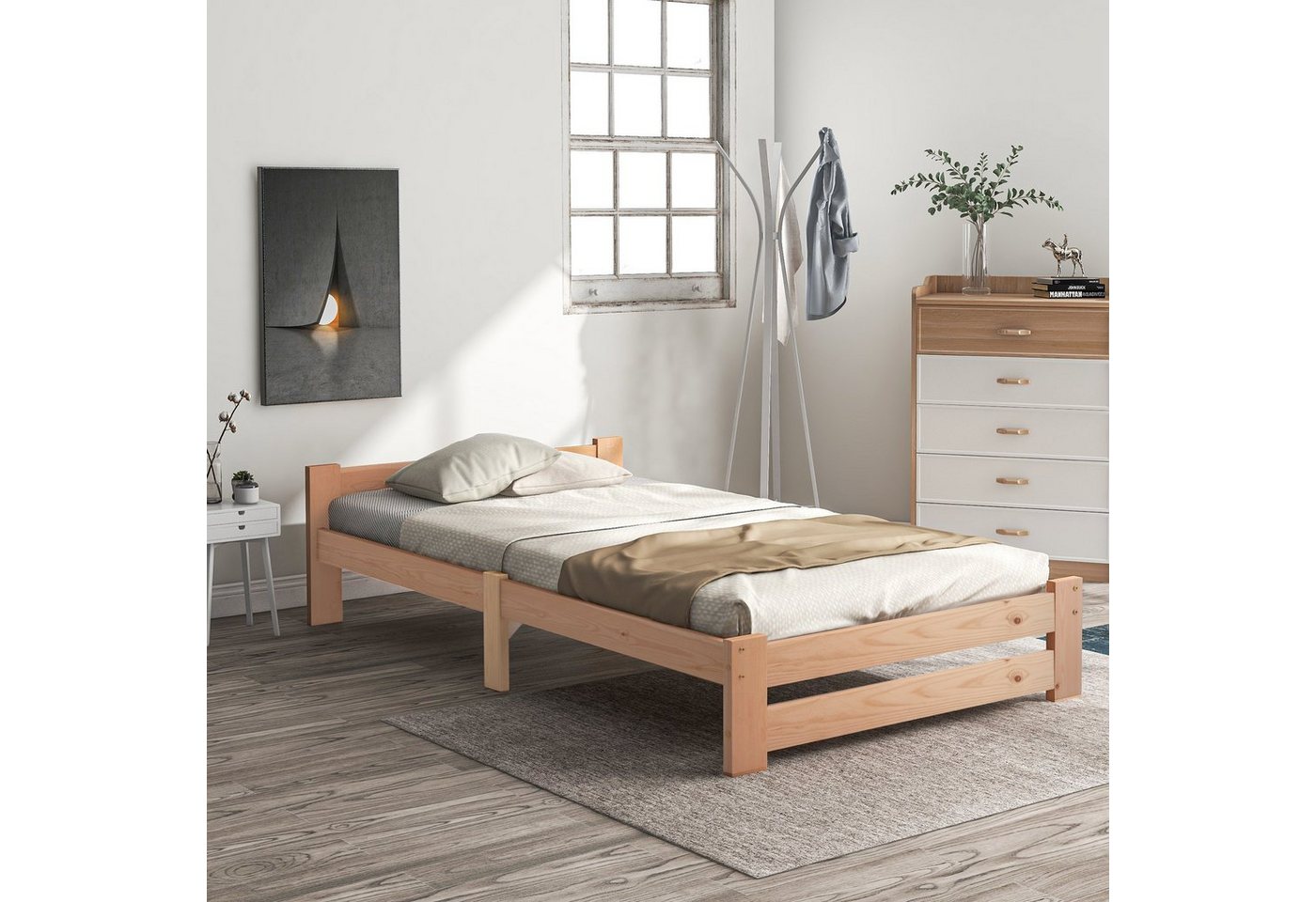Flieks Futonbett, Einzelbett Massivholzbett mit Kopfteil und Lattenrost – Bild 3 von 5