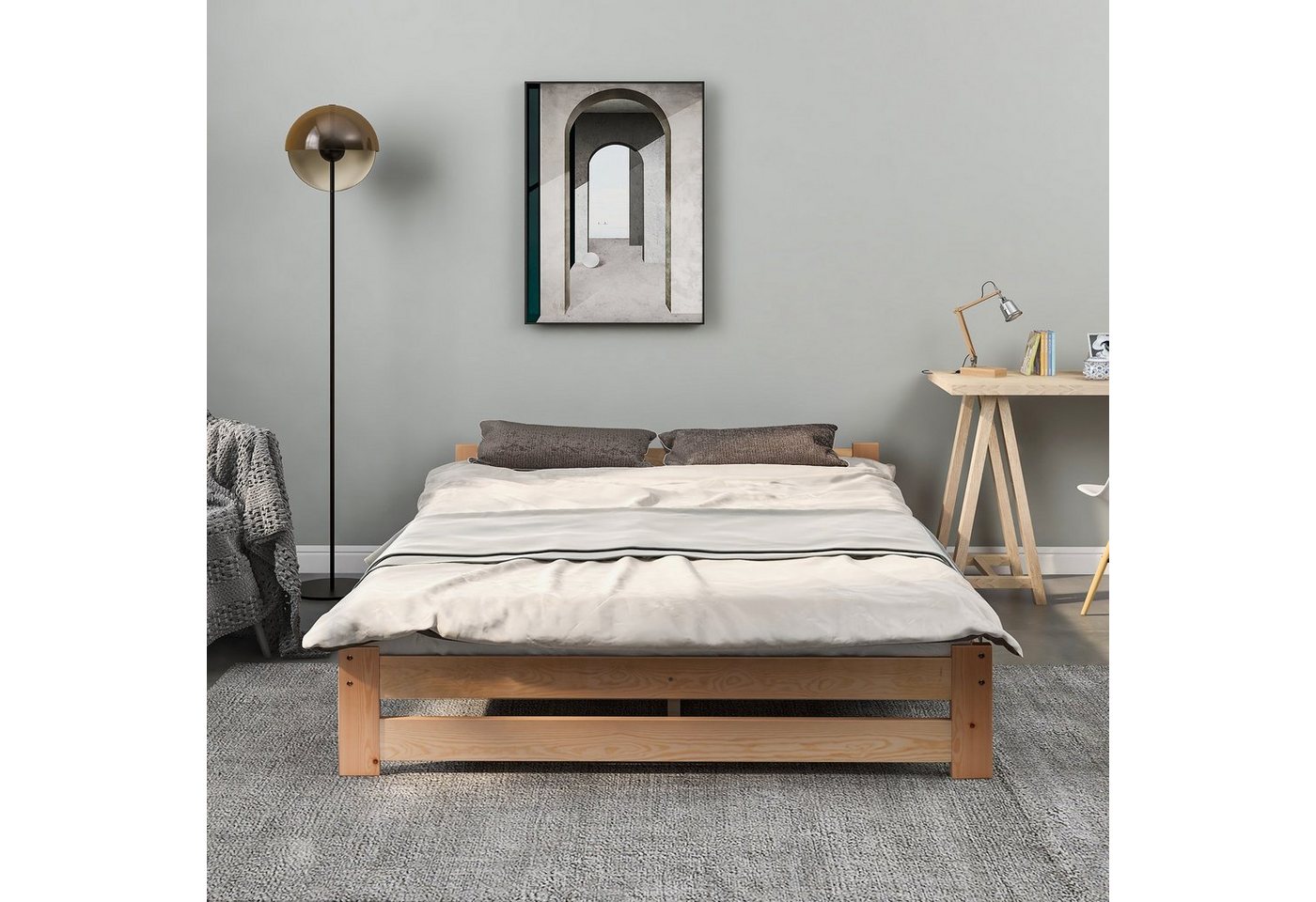 Flieks Futonbett, Doppelbett Massivholzbett mit Kopfteil und Lattenrost – Bild 2 von 5
