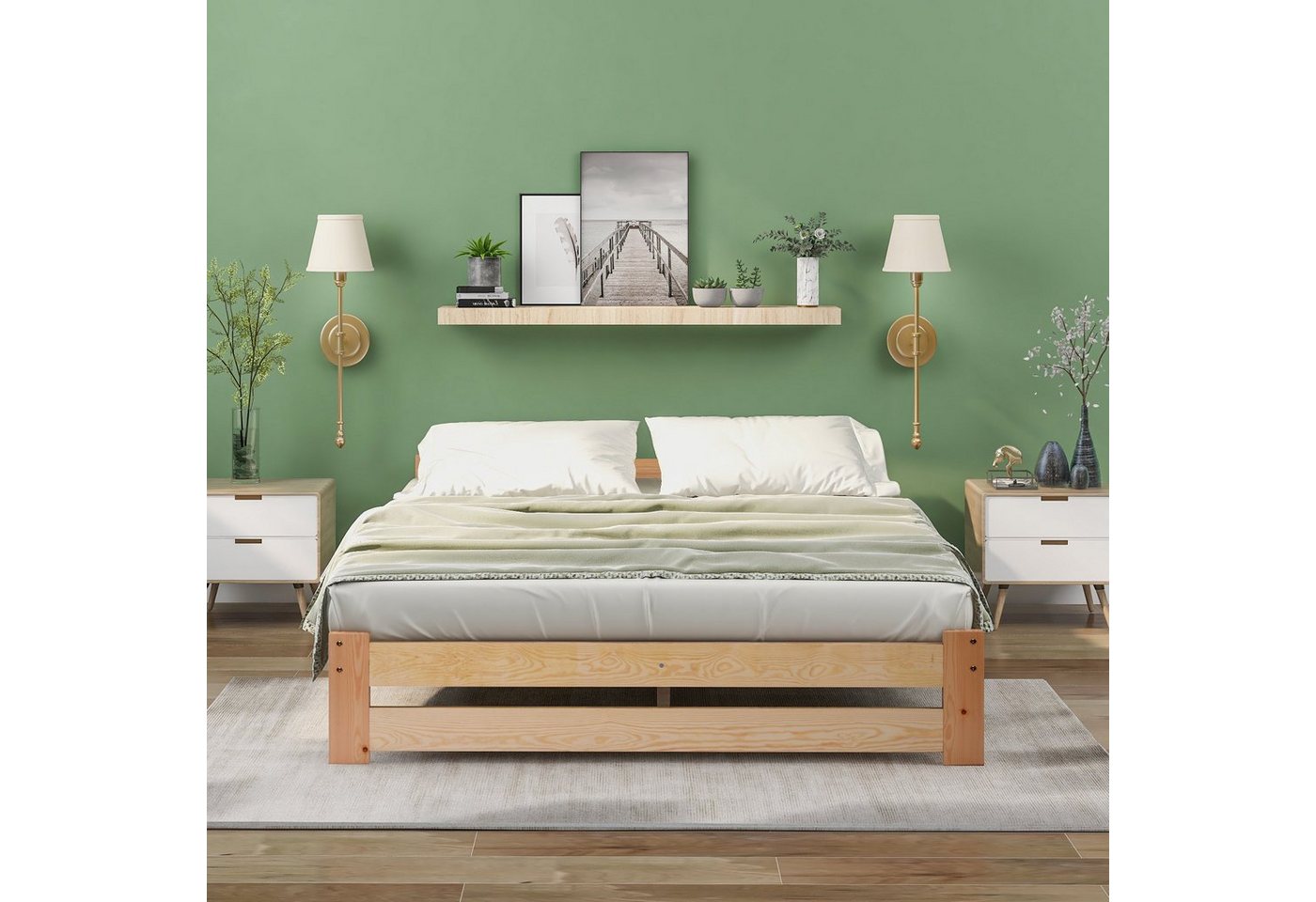 Flieks Futonbett, Doppelbett Massivholzbett mit Kopfteil und Lattenrost – Bild 4 von 5