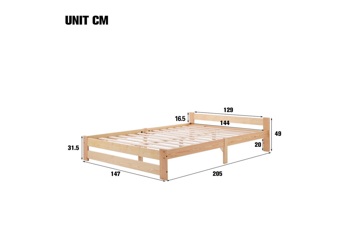 Flieks Futonbett, Doppelbett Massivholzbett mit Kopfteil und Lattenrost – Bild 5 von 5