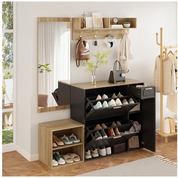 Flieks Garderoben-Set inkl. Schuhschrank, Sitzbank, Wandgarderobe/Wandregal & Spiegel, (Set, 4-St), Flurmöbel-Set Schuhkommode, Schuhbank, Paneel mit Haken und 