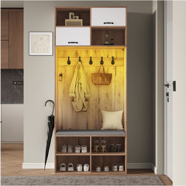 Flieks Garderoben-Set mit LED-Beleuchtung, Kleiderhaken, Schuhschrank und Sitzbank, (Holzoptik, 1-St., 80×185×35 cm (B×H×T), Garderobenständer mit Schuhregal, S