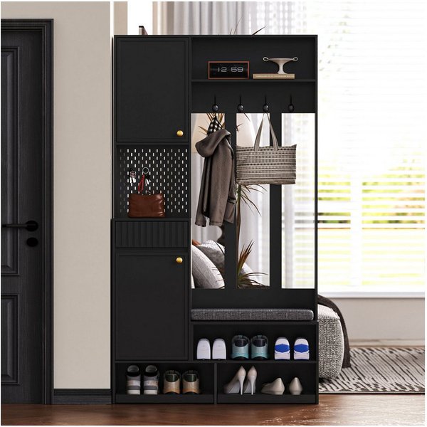 Flieks Garderoben-Set mit Schuhschrank, Sitzbank, 4 Haken, Pegboard, Türen & Schubladen, (1-St., 100×180×35 cm (B×H×T), Garderobenständer mit Schuhregal, Sitzfl