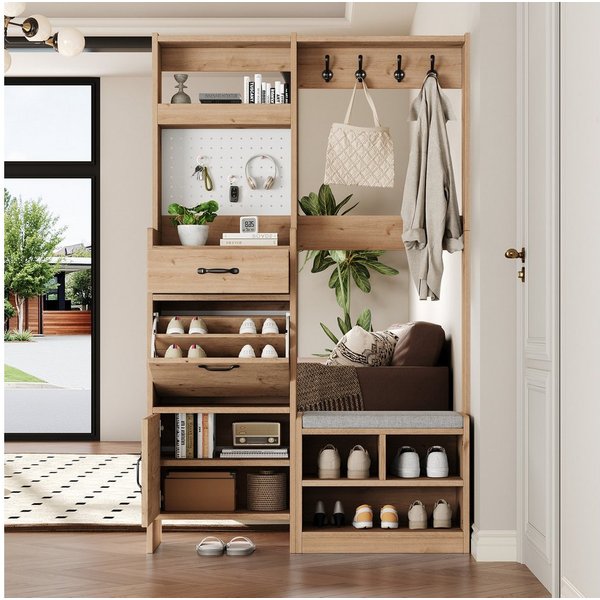 Flieks Garderoben-Set mit Schuhschrank, Sitzbank, 4 Haken, Pegboard, Klappen & Schubladen, (B108,5xT35xH180 cm, 1-St., Holzoptik), Garderobenständer mit Schuhre
