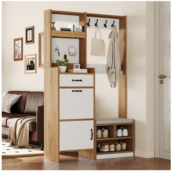 Flieks Garderoben-Set mit Schuhschrank, Sitzbank, 4 Haken, Pegboard, Klappen & Schubladen, (B108,5xT35xH180 cm, 1-St., Holzoptik), Garderobenständer mit Schuhre