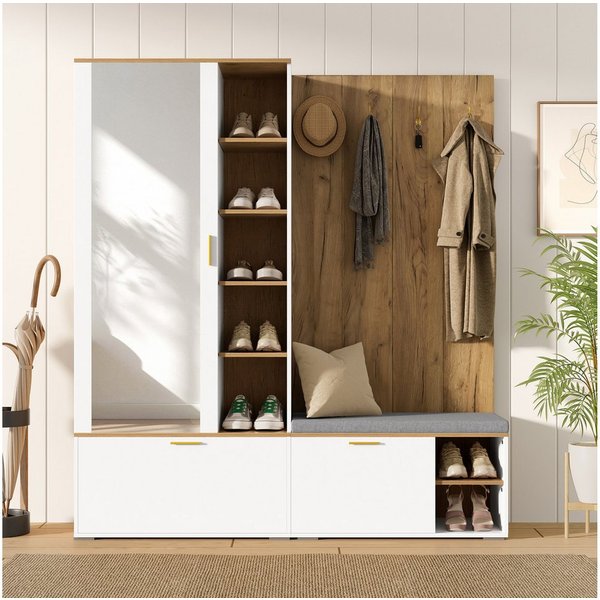 Flieks Garderoben-Set Schuhschrank, Kleiderschrank mit ausziehbarer Kleiderstange & Spiegel, (B160xT38xH180 cm, Austauschbar links und rechts, Flurschrank mit v