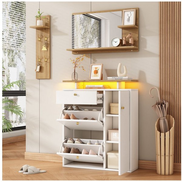 Flieks Garderoben-Set Schuhschrank mit LED, Wandregal mit Kleiderhaken, Spiegel mit Ablagen, (3-St), Flurmöbel-Set Weiß&Holzoptik, Schuhkommode mit Klappen und 