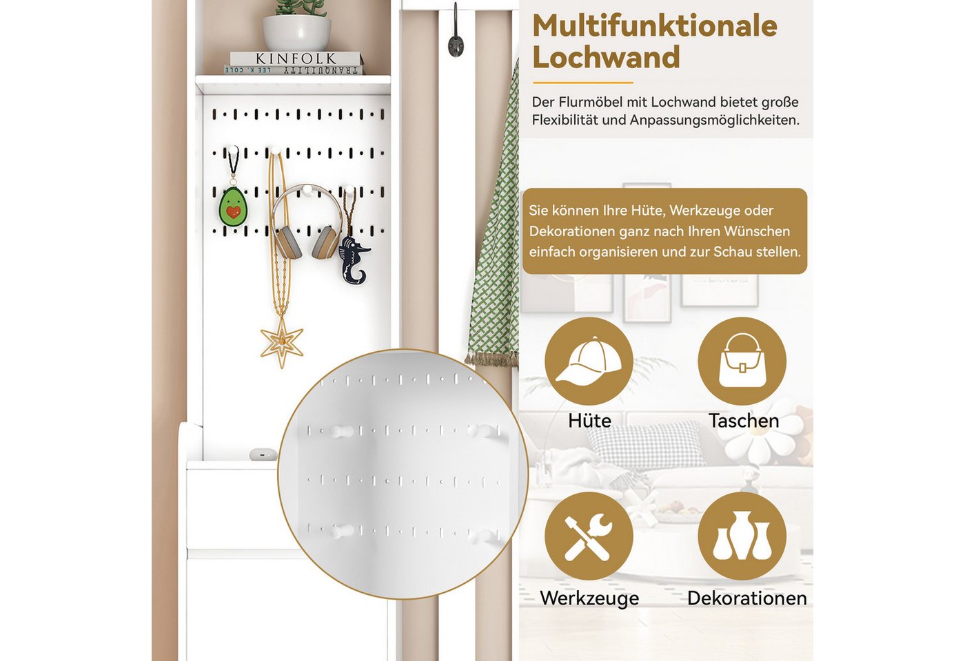 Flieks Garderobenständer, (1 St., H180/B100/T35 cm), Garderoben-Set mit gepolsterter Schuhbank Schuhschrank mit Stecktafel – Bild 5 von 5