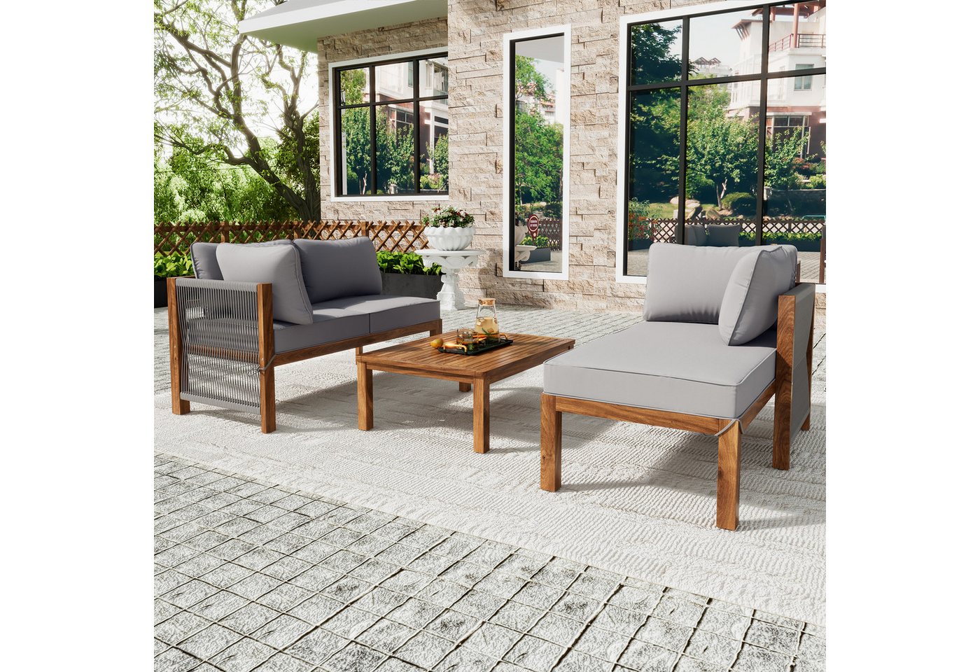 Flieks Gartenlounge-Set, 4-Sitzer L-förmiges Gartenmöbel, 2 Sofas mit 1 Tisch aus Akazienholz – Bild 2 von 5