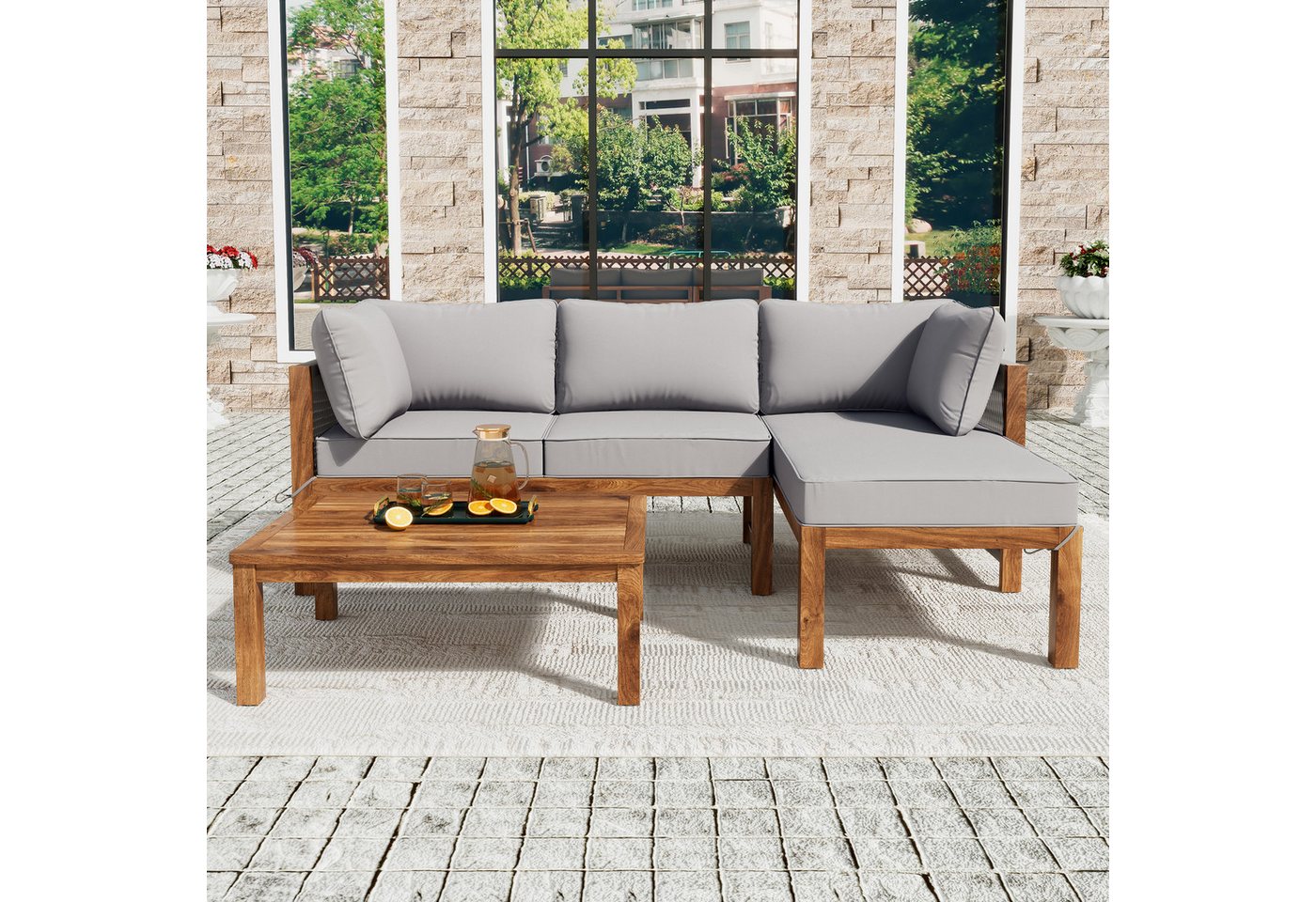 Flieks Gartenlounge-Set, 4-Sitzer L-förmiges Gartenmöbel, 2 Sofas mit 1 Tisch aus Akazienholz – Bild 3 von 5