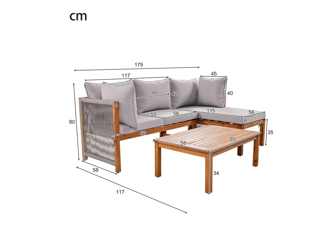Flieks Gartenlounge-Set, 4-Sitzer L-förmiges Gartenmöbel, 2 Sofas mit 1 Tisch aus Akazienholz – Bild 4 von 5