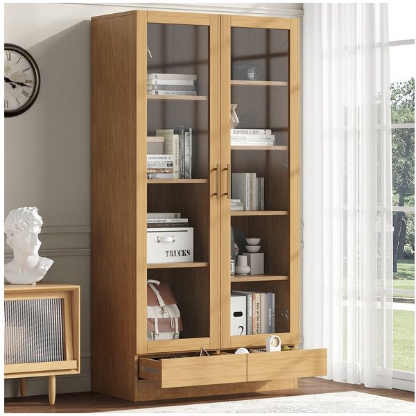Flieks Glasvitrine Bücherregal mit 2 Glastüren und Schubladen (80x40x160 cm, 1-St) Hochschrank Aktenschrank Mehrzweckschrank mit 9 Fächern Holzoptik