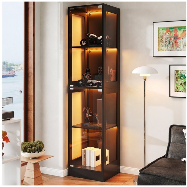 Flieks Glasvitrine Eckvitrine mit LED-Beleuchtung und Doppeltüren aus gehärtetem Glas (1-St., 40x35x170 cm) Standvitrine Eckschrank Hochschrank Sammlervitrine m